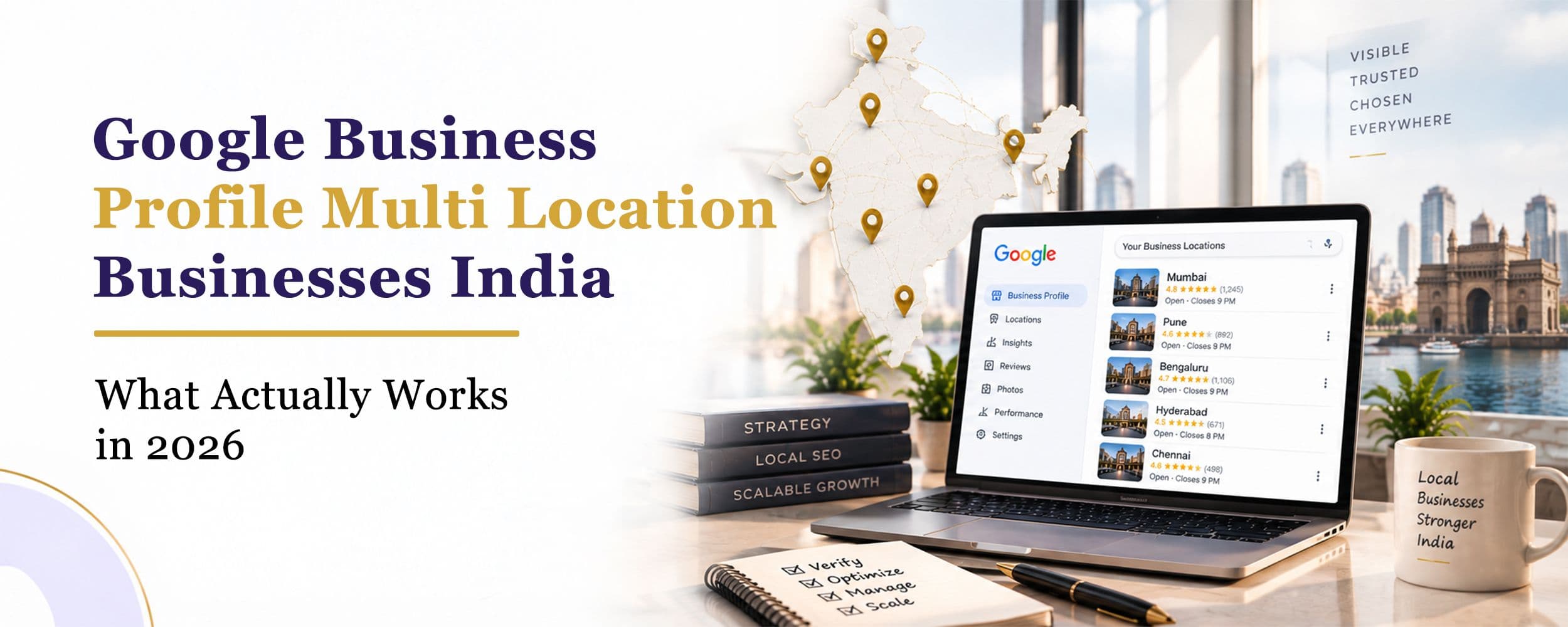 Map view of multiple Indian storefront locations with Google Business Profile pins, illustrating consistent versus inconsistent listing data across branches