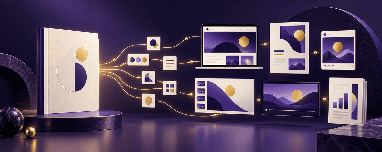 A static brand guideline transforming into a living system of websites, proposals, social posts, presentations and video