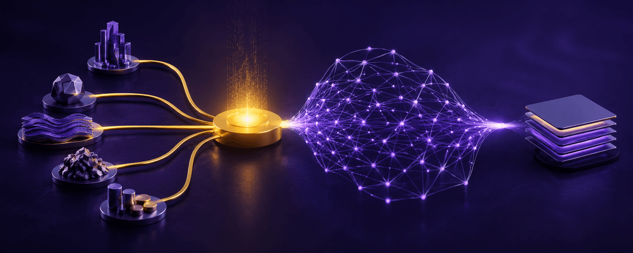 Business inputs converge at a gold decision point before activating a violet AI network