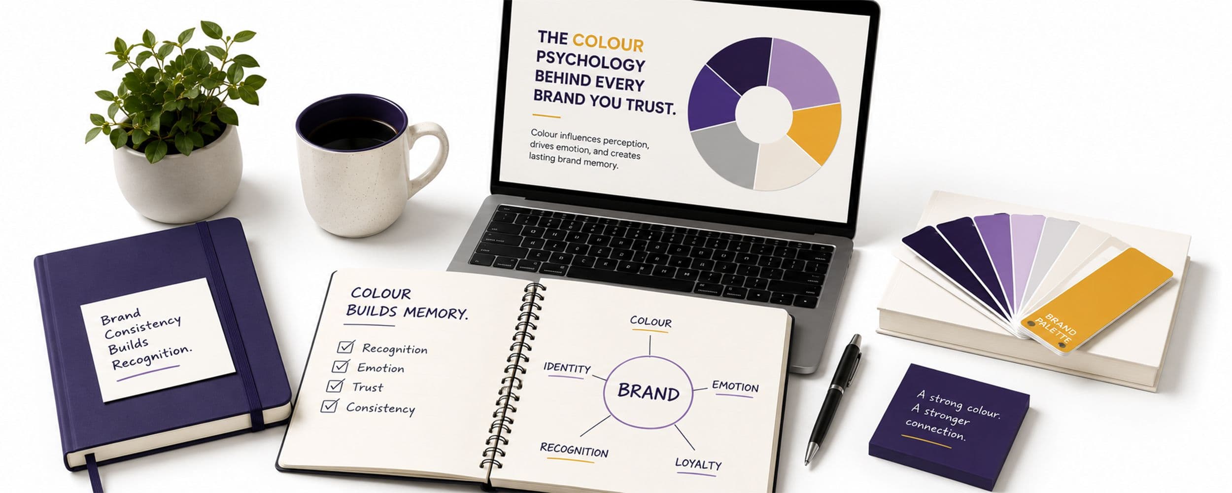 Five solid-colour circles arranged in an arc, one highlighted, representing how colour choice shapes brand recognition