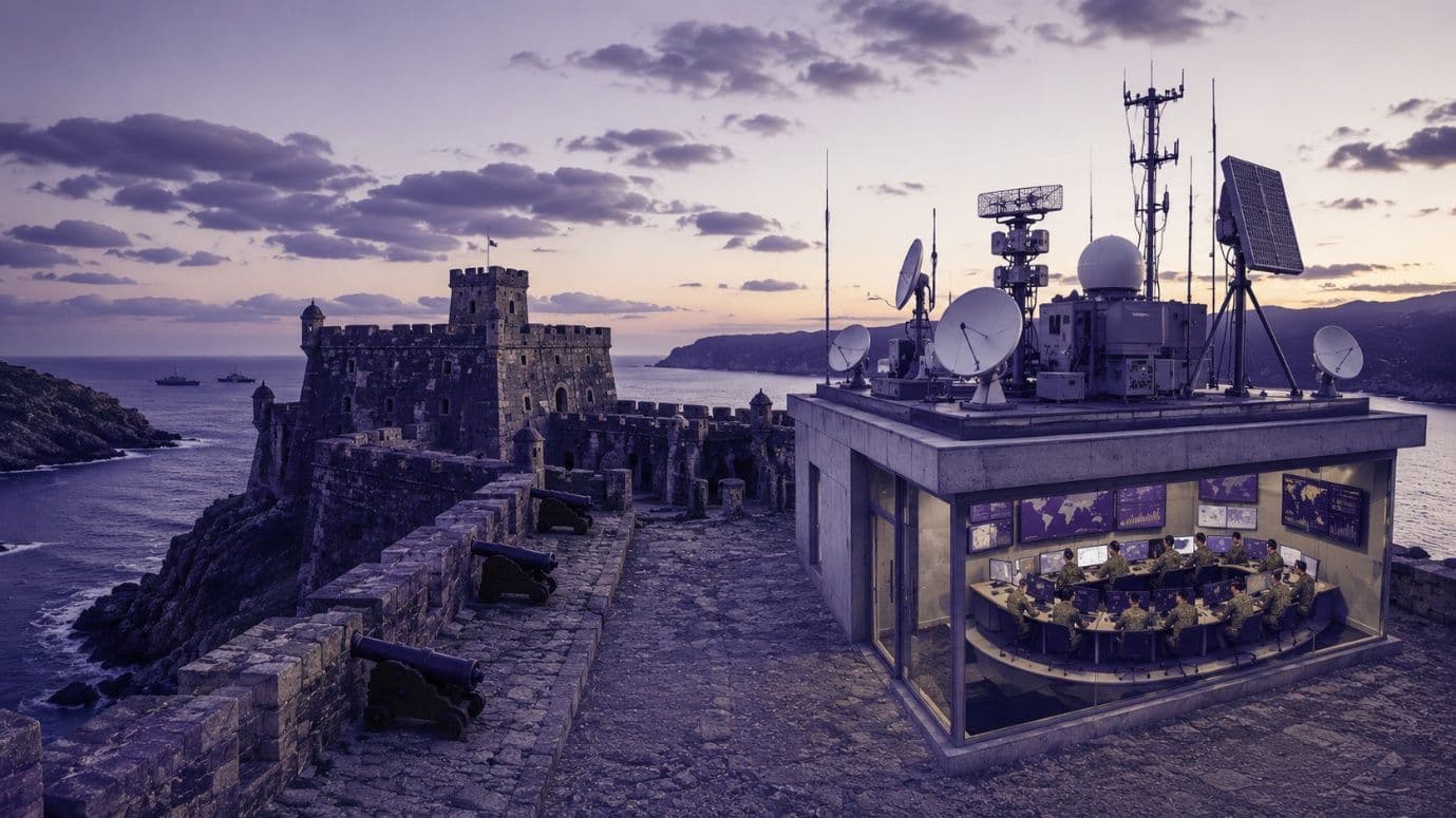 A centuries-old fortress beside a modern military command centre, representing how the strategic vantage point stays the same even as the tools change