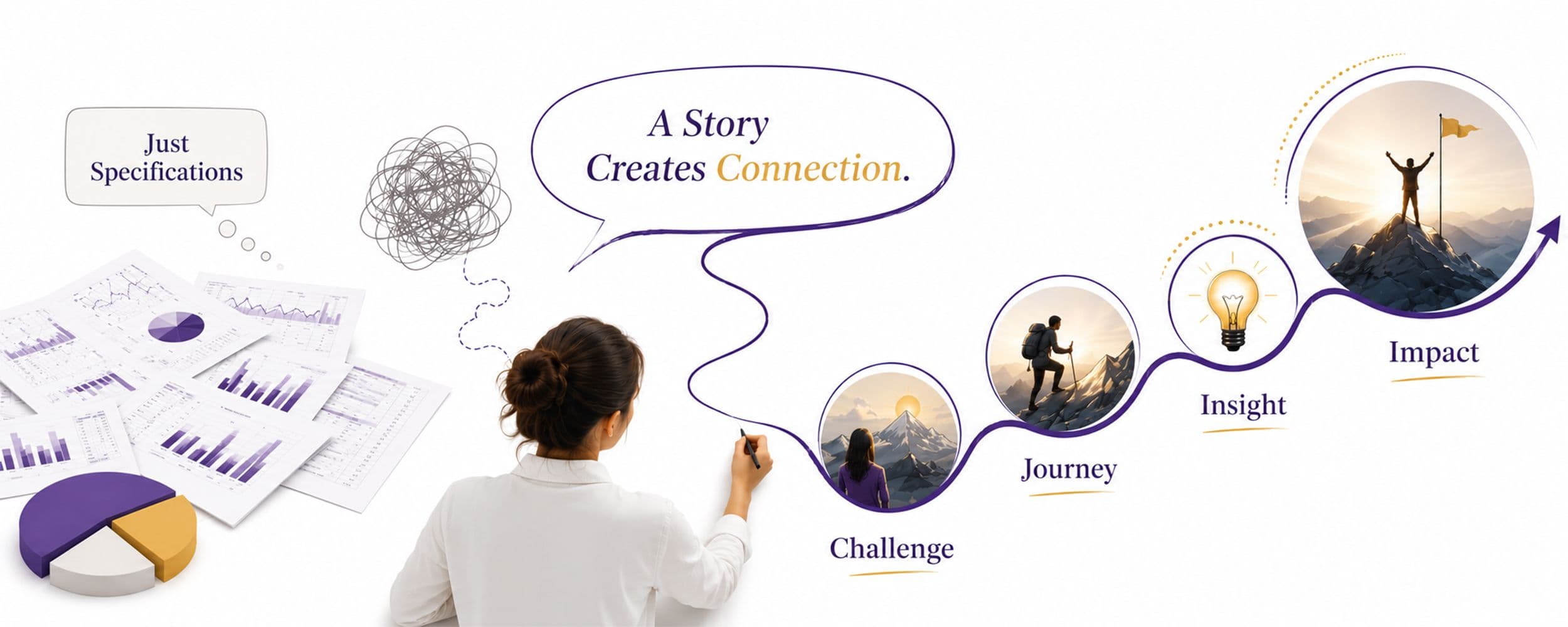 A single rising line resolving into a settled end point, representing a story arc that makes information memorable