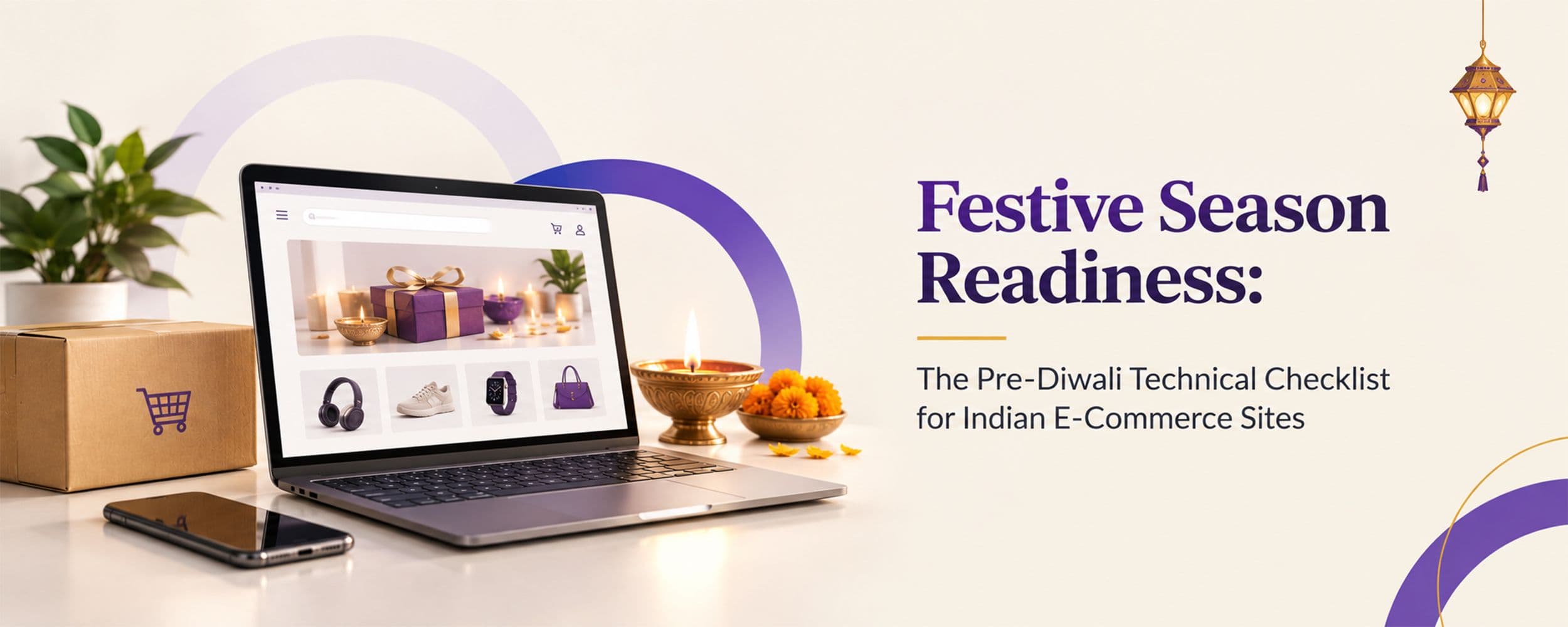 Split visual of a calendar with 8 November 2026 marked beside a website performance dashboard, illustrating the pre-Diwali technical checklist for Indian e-commerce sites