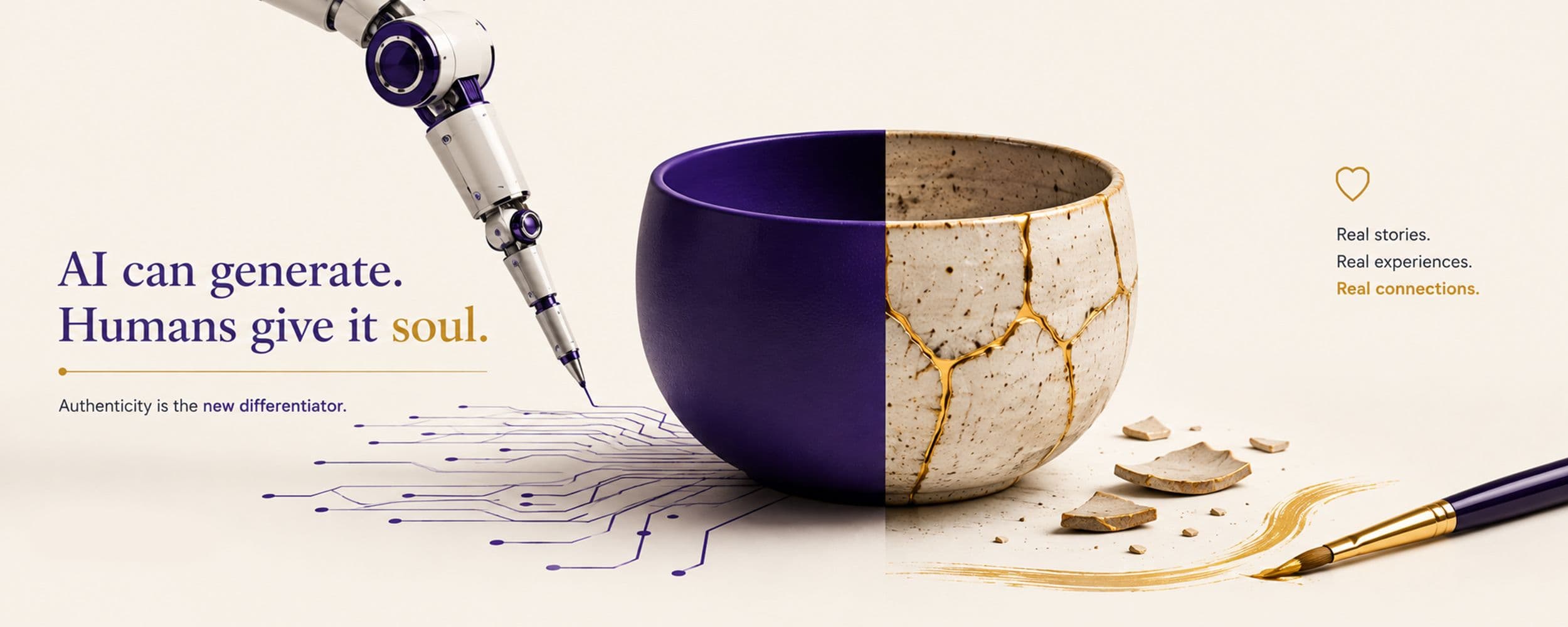 A kintsugi-style bowl split between a smooth AI-generated half and a gold-repaired ceramic half, symbolising authentic imperfection versus flawless AI polish