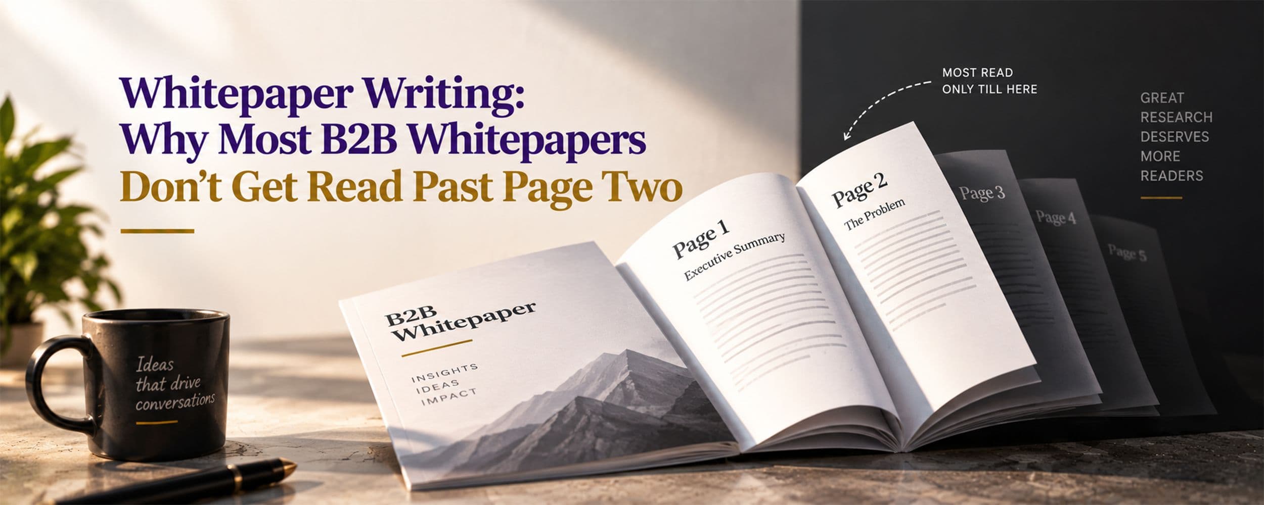 A B2B whitepaper open to its executive summary page, with a highlighted conclusion statement and a chart breaking up the surrounding text