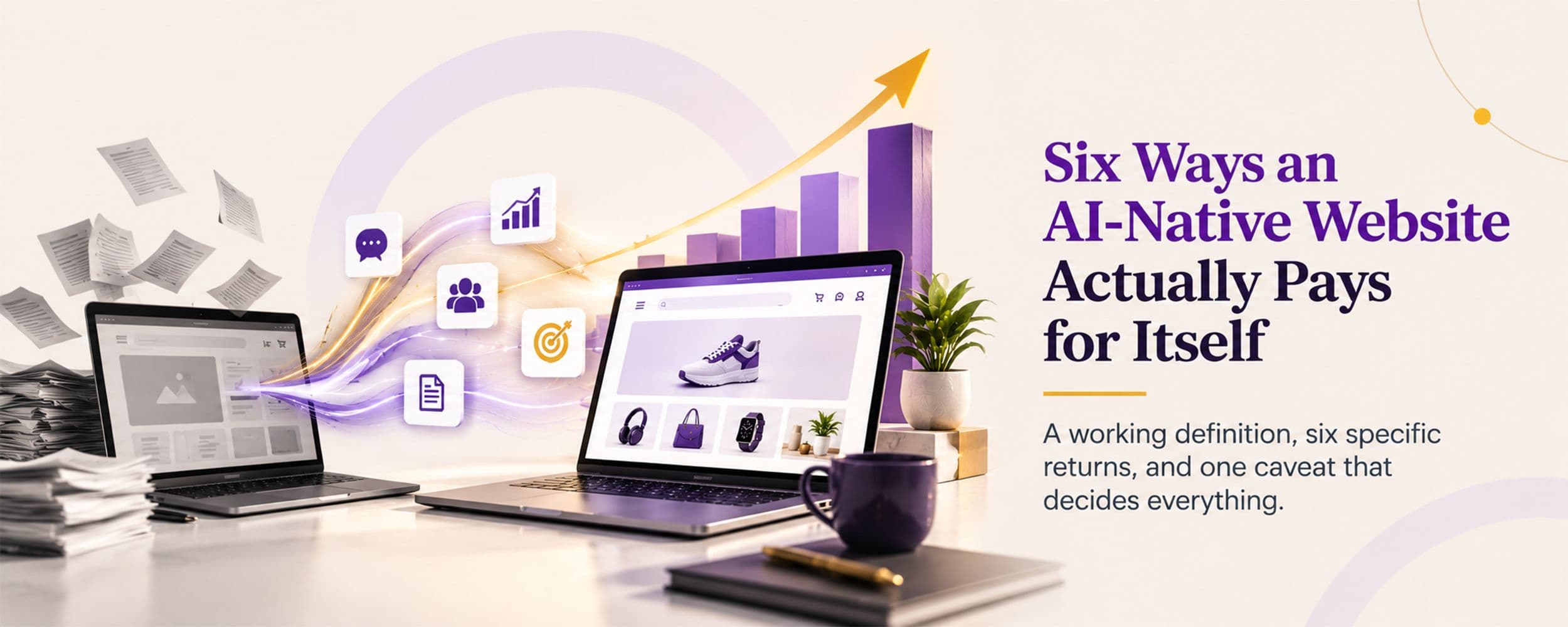 Illustration of an AI-native website with AI workflows built into the backend, shown as six ways it pays for itself