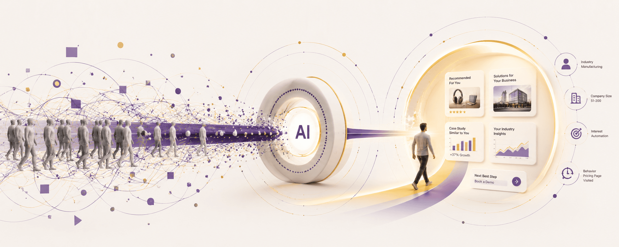 Abstract illustration of a human silhouette surrounded by soft orbital data rings, representing AI-driven personalisation
