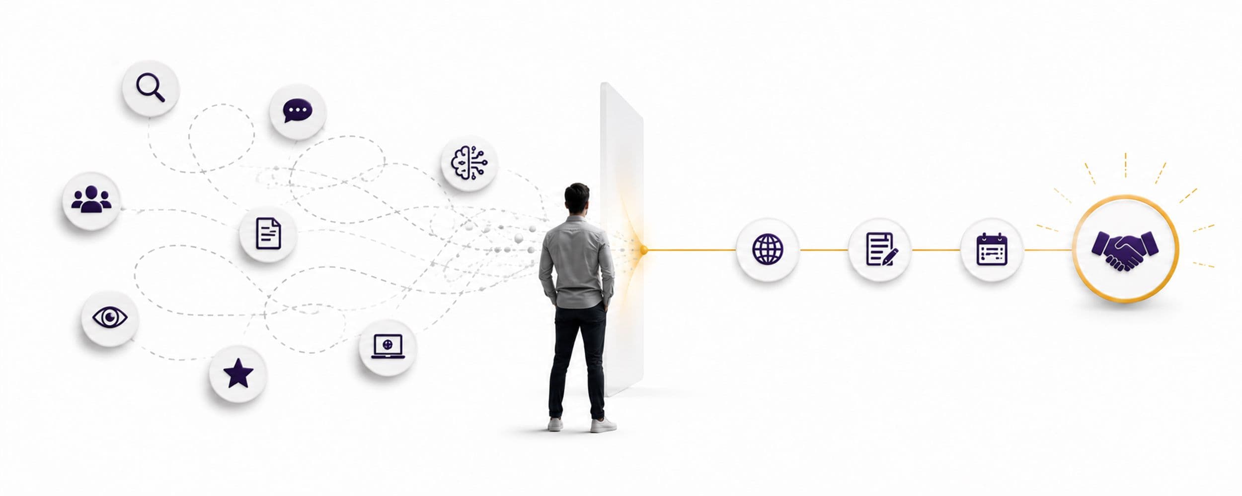 Faint orbital paths circling a central point, with one path highlighted, representing the sliver of buyer activity a business can actually track