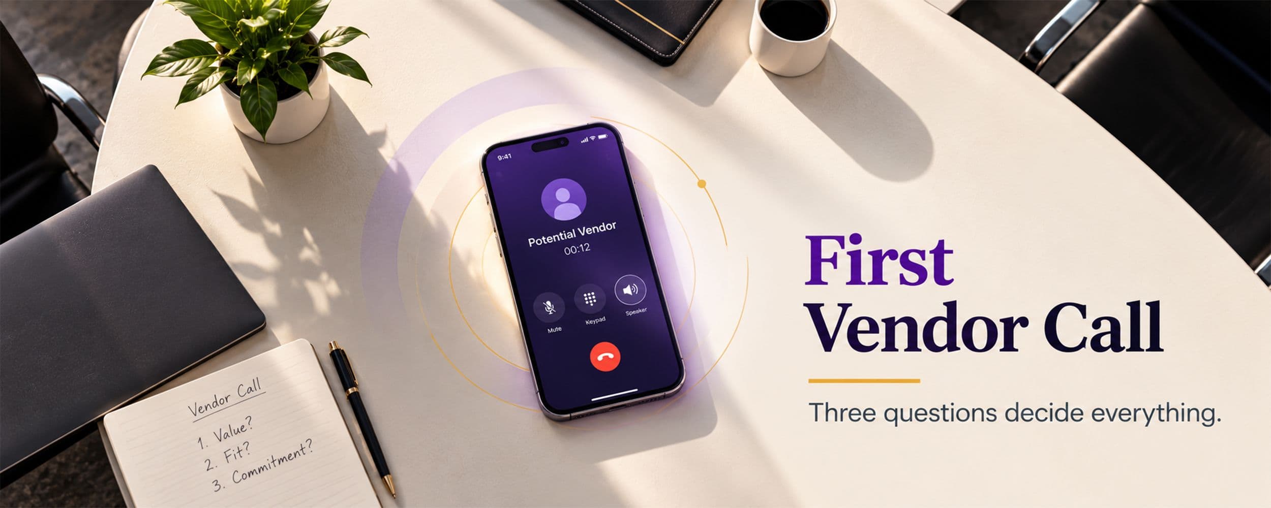 A single mobile phone on an otherwise empty conference table, mid-call, shot from above, representing a marketplace founder's first vendor pitch call
