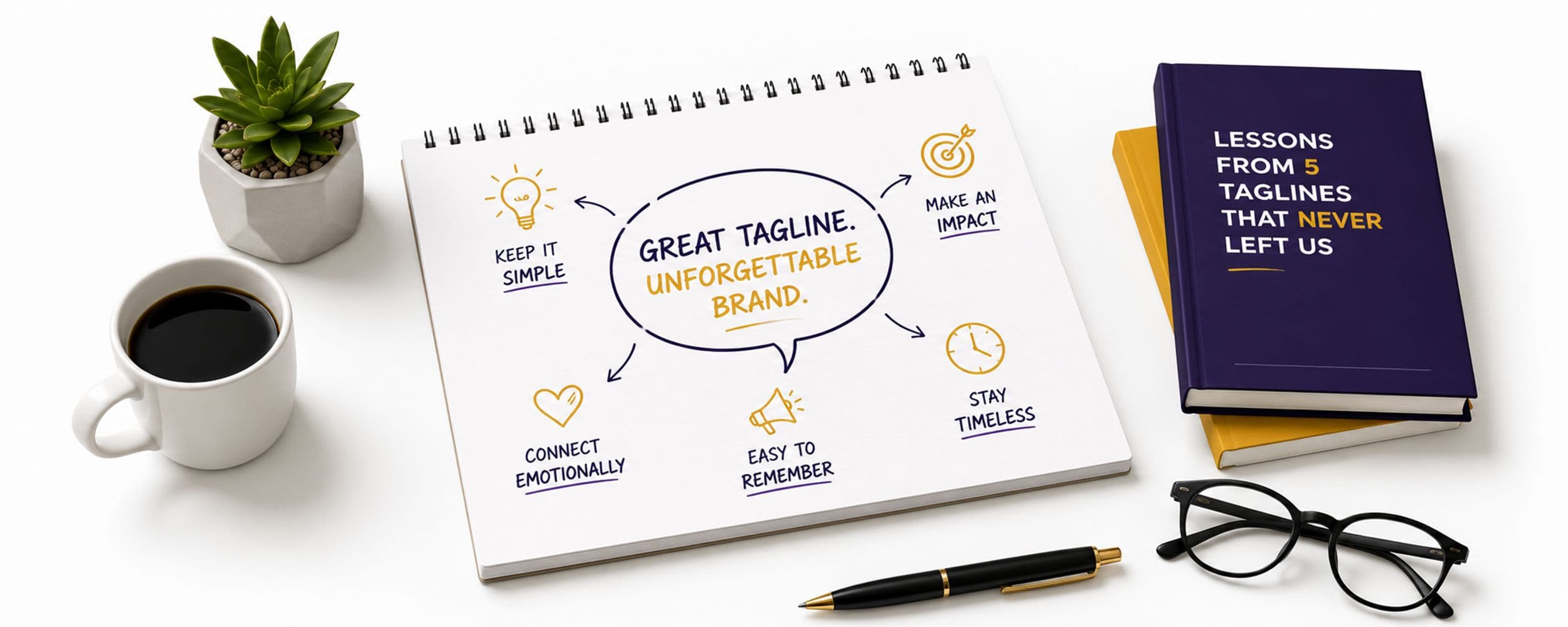A rhythmic waveform line resolving into a single bright dot, representing the cadence that makes a tagline memorable