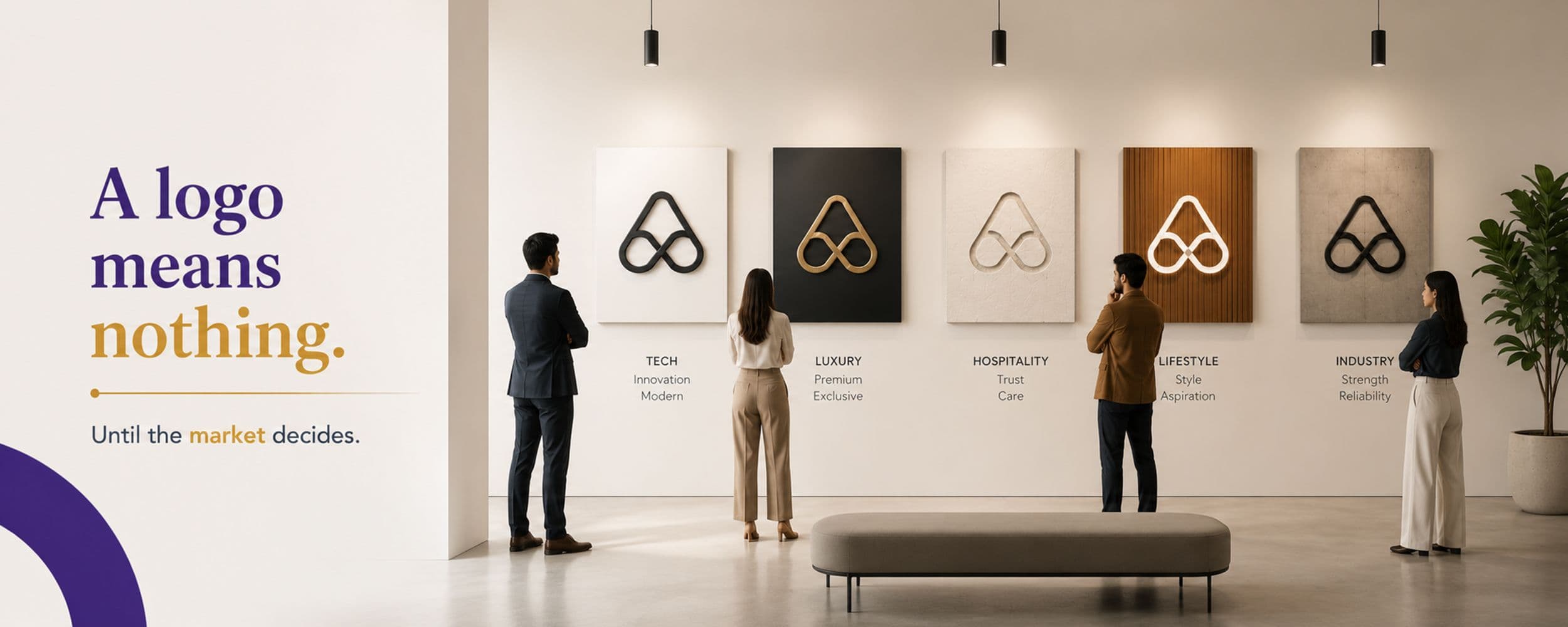 Gallery wall showing the same abstract logo mark reinterpreted across five different industries, illustrating how meaning shifts by market context
