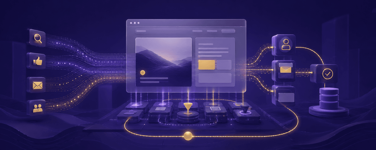 A website interface connected to acquisition channels, lead qualification, CRM, follow-up and measurement systems