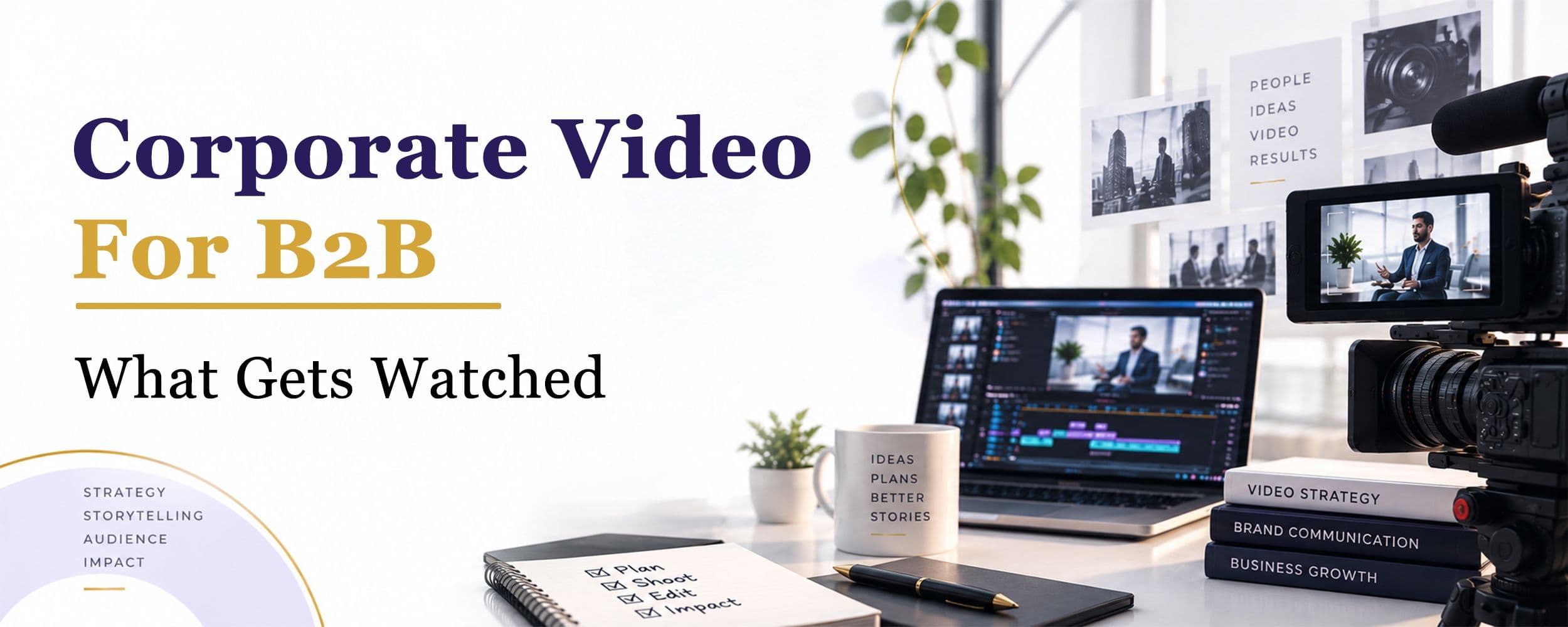 Split comparison of a polished three-minute B2B company overview film against a rough forty-five-second product walkthrough, illustrating watch time versus completion rate