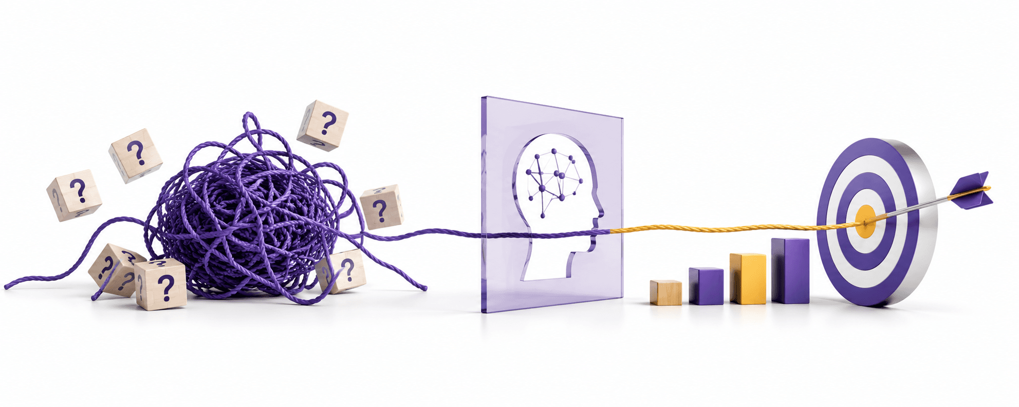 Abstract illustration of an arrow moving confidently through fading question marks, representing AI replacing guesswork with certainty