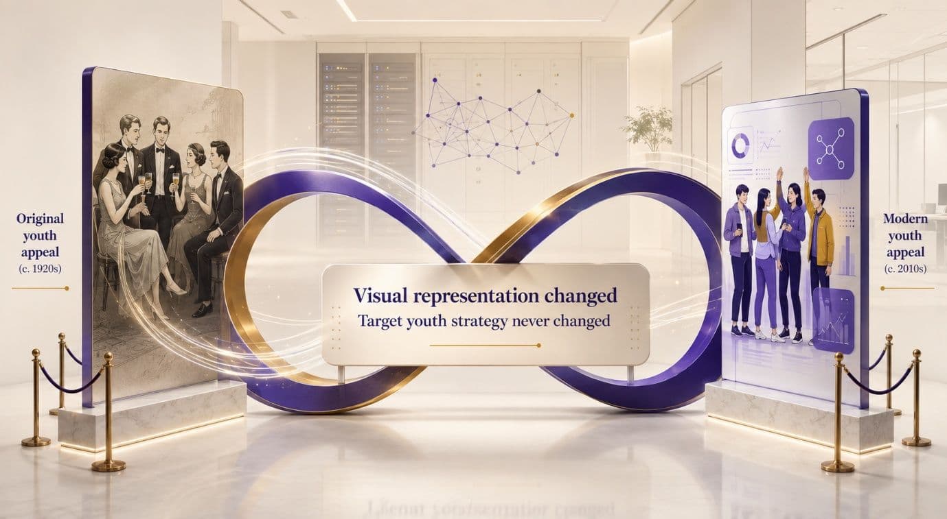 Two eras of advertising, the 1920s and the 2010s, joined by an infinity symbol, captioned 'Visual representation changed, target strategy never changed'