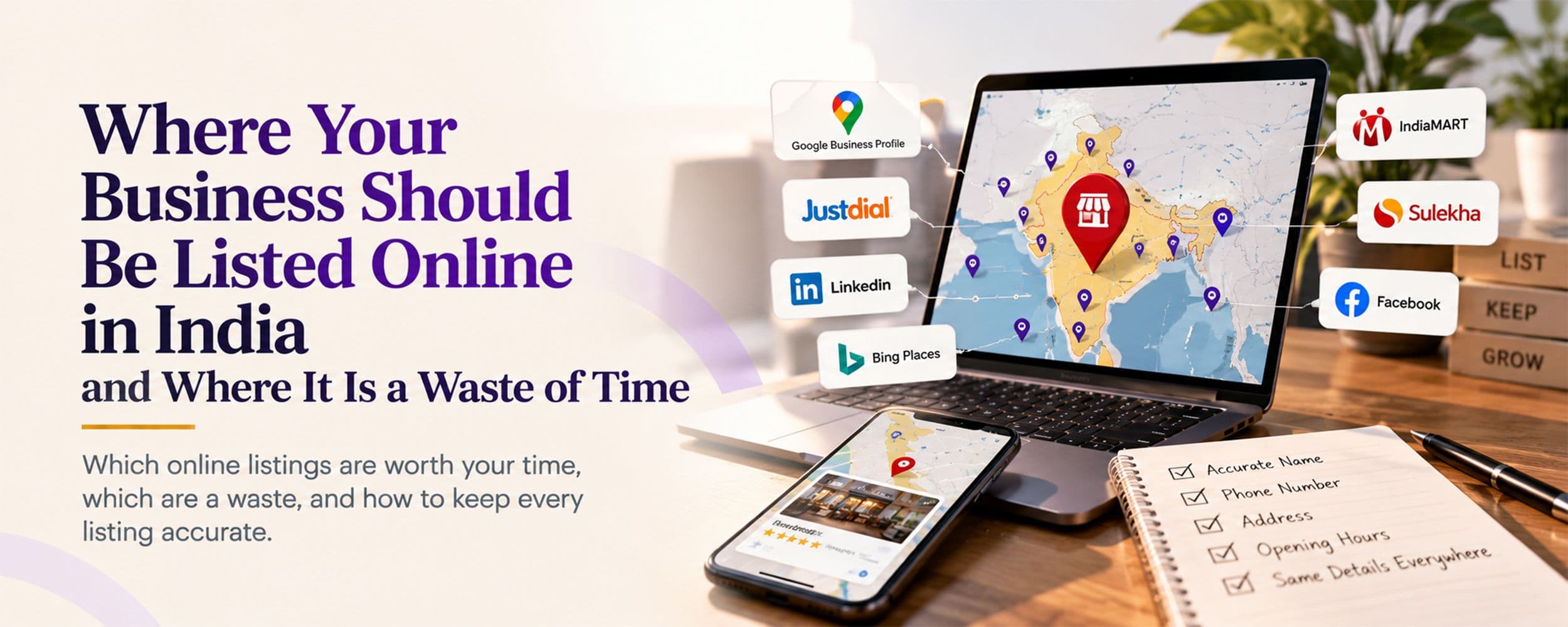 A laptop and phone showing a map of India with listing platforms such as Google Business Profile, Justdial, LinkedIn, IndiaMART, Sulekha and Facebook, beside a checklist of accurate name, phone number, address and opening hours