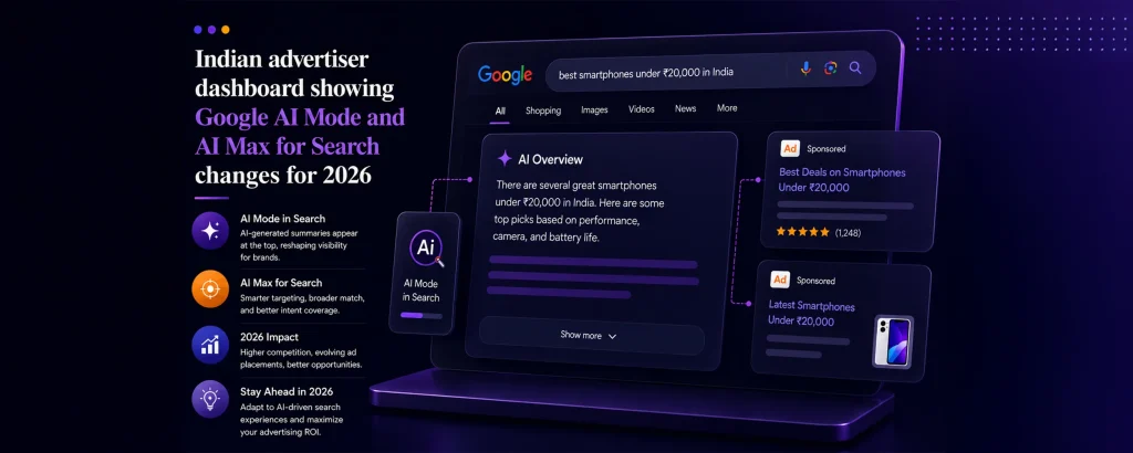 Indian advertiser dashboard showing Google AI Mode and AI Max for Search changes for 2026