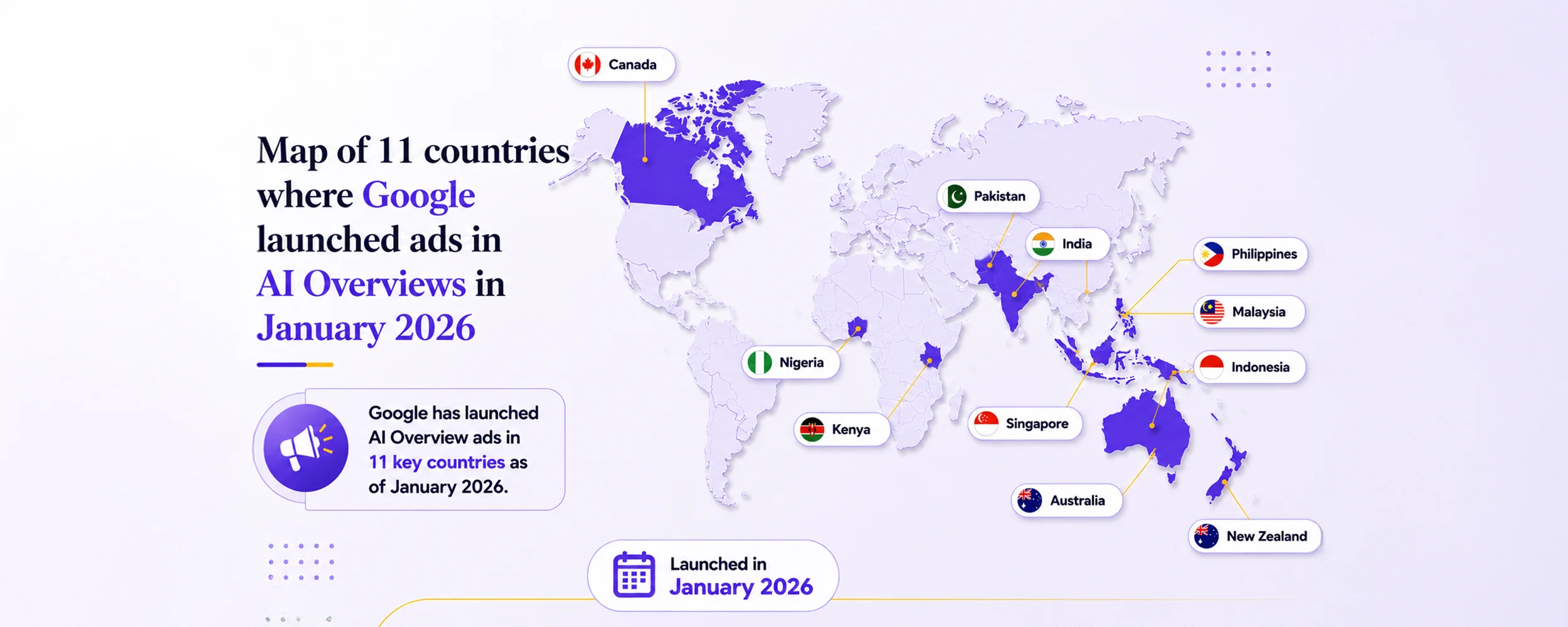 Map of 11 countries where Google launched ads in AI Overviews in January 2026, including India, Singapore, Australia, Canada